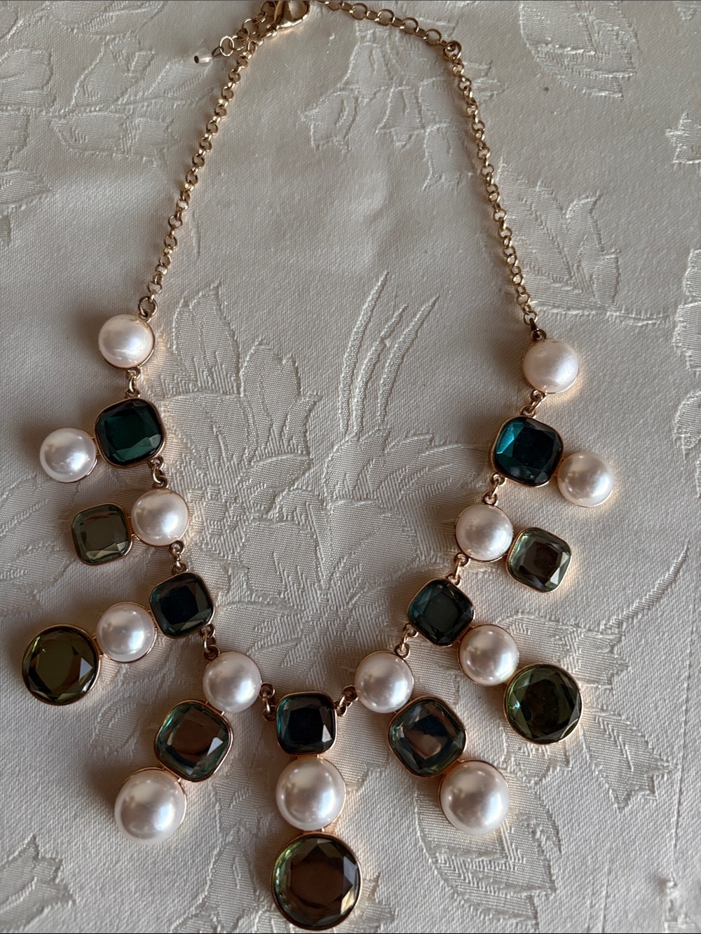Gold Pearl Necklace with Emerald Green and Blue Stones